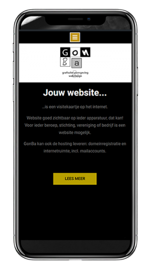 phone-x-gonba-home2 afbeelding hoe een website eruit ziet op een smartphone, website gemaakt door GonBa